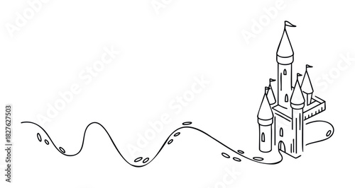 Whimsical castle illustration with a winding path leading to it, perfect for storybook themes and magical concepts