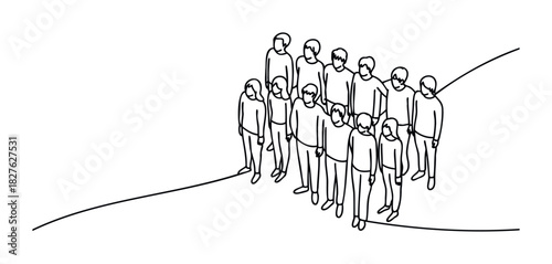 Group of people standing together in a line facing forward on a simple graphic representation of a path or line, useful for concepts of unity or direction.