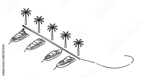 Collection of luxury yachts and jet skis moored along a tropical coastline with palm trees, perfect for travel and leisure promotion