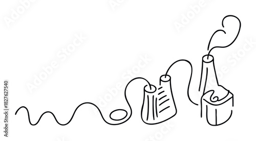 Simple continuous line drawing connecting two tin can telephones emitting smoke signals and sound waves, representing communication and connection, ideal for conveying messages or ideas