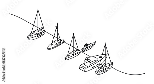 Sleek yachts and sailboats navigate the open water in a dynamic composition perfect for travel and leisure themes