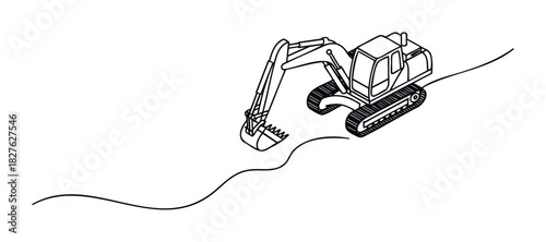 Line art drawing of a construction excavator with crawler tracks and a bucket, perfect for use in industrial, building, or heavy machinery related projects.