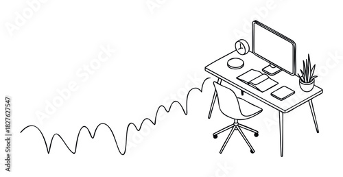 A minimalist line drawing depicts a modern office desk with a computer, chair, and plant, connected by a wavy line to a blank space for text or graphics, ideal for business or study themes.