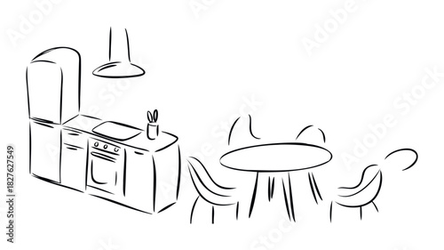 Hand drawn sketch of a simple kitchen scene with a refrigerator oven and a small dining table with two chairs, perfect for home interior concepts or minimalist graphic projects.