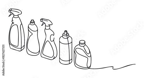Collection of five different cleaning product bottles in a line from left to right, symbolizing household care and hygiene solutions for home cleaning supplies.