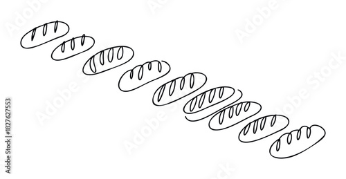 Hand drawn line art of baguettes arranged diagonally, perfect for bakery marketing or food related projects.