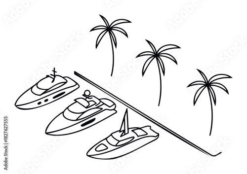 Three luxury yachts docked with palm trees in a tropical setting, representing vacation and leisure, ideal for travel and lifestyle promotions.