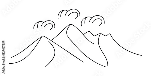 Simple black line drawing of majestic mountains with clouds for a minimalist nature scene perfect for graphic design and environmental themes.