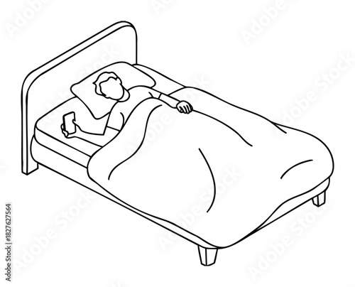 Person lying in bed looking at smartphone, conceptualizing modern communication, digital connection, and relaxation for use in media and advertising.