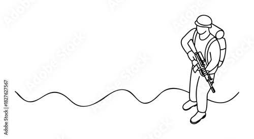 Lone hiker with backpack and rifle traverses a wavy landscape, symbolizing adventure and outdoor exploration suitable for survival or travel themes.