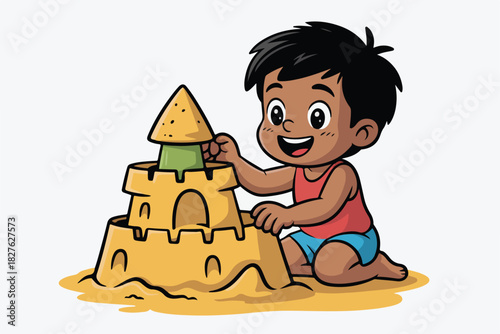 Cartoon depiction of a child building a sandcastle on the beach, smiling with delight. The scene is bright and cheerful