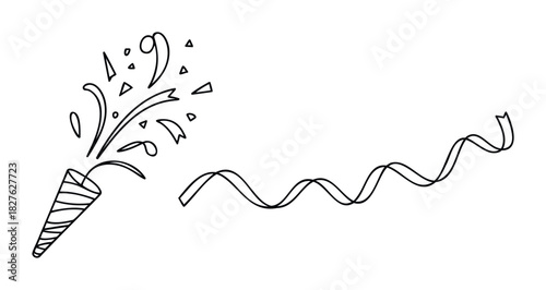 Exploding party popper with streamers and confetti for festive celebrations and surprise announcements, perfect for event marketing and congratulations graphics.