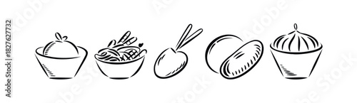 Simple line drawings of diverse foods including noodles, dumplings, and fruit, perfect for culinary promotions and graphic content creation.