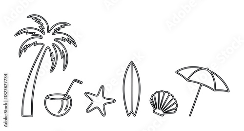 Collection of summer vacation icons including palm tree, coconut drink, surfboard, starfish, seashell, and beach umbrella for travel and leisure concepts.