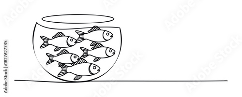 Simple line drawing of a glass bowl filled with five small fish swimming in water, perfect for themes of aquatic life and simple domesticity.