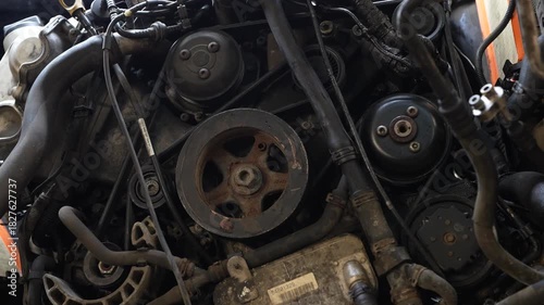 Close-up view of a dirty car engine block