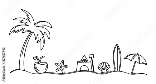 A simple line drawing depicts a tropical beach scene with a palm tree, coconut drink, starfish, sandcastle, seashell, surfboard, and umbrella on a sandy shore perfect for summer vacation