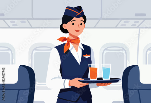 A stewardess in uniform serves drinks on a tray aboard a plane, with passenger seats and interior visible