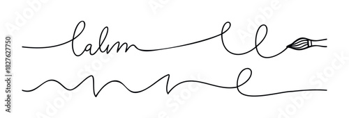 Handwritten calligraphy phrase calm me drawn with a single line and a paintbrush tip, perfect for selfcare and wellness themes, conveying serenity and creative expression for your projects.