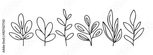Hand drawn outline branches with leaves in a row, perfect for natural themed graphic projects and botanical inspired branding.