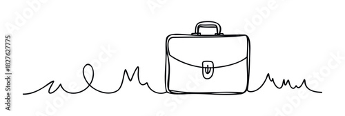 Minimalist single line drawing of a briefcase on a wavy line, symbolizing journey and professional work, perfect for business themes.