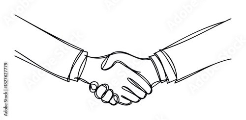 Two hands shaking in agreement or partnership, a simple line drawing symbolizing trust and successful business deals, perfect for corporate communications and professional services