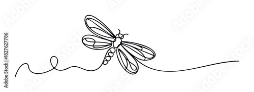 Elegant single line drawing of a dragonfly with delicate wings and flowing tail perfect for nature inspired graphic design and whimsical branding projects