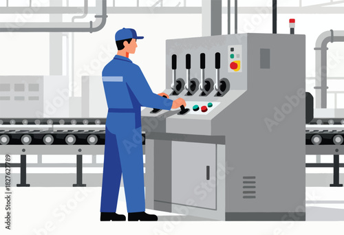 A person in a blue jumpsuit operates a machine on an assembly line. Conveyor belts and pipes are in the background