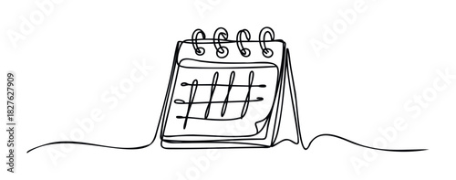 Simple line drawing of a desk calendar with coiled binding and grid layout on pages, perfect for planning, scheduling, or time management concepts.