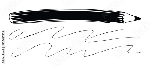 Black pencil drawing with scribbled lines symbolizing creativity and making marks for notes or sketches useful for stationery or writing concepts