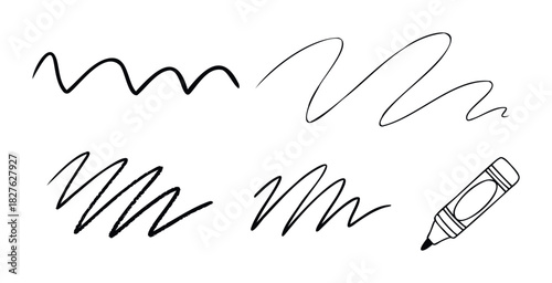 Hand drawn squiggly lines and scribbles suggest creativity and brainstorming, useful for conceptual projects and design elements.