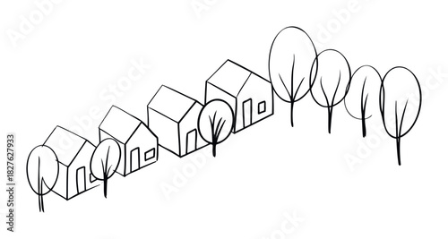 Minimalist linear drawings of houses and trees in a row, perfect for architectural concepts, community themes, or natural landscape visuals