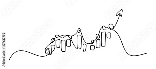 Continuous line drawing of a fluctuating graph with an upward arrow indicating positive growth and progress, perfect for business and finance concepts.