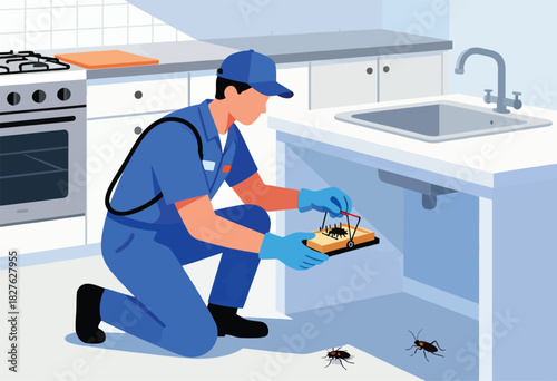 An exterminator kneels in a kitchen with a trap and cockroaches. He's removing pests, a kitchen is visible