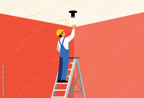An electrician on a ladder installs a lightbulb. Red walls and ceiling are in background