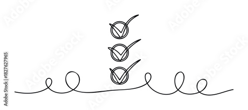 Three simple checkmarks in circles presented in a vertical list with a wavy line below, symbolizing completion and progress for presentations and checklists.