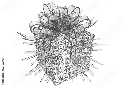 Shattered glass gift box with sharp protruding shards and a large glossy grey ribbon bow.