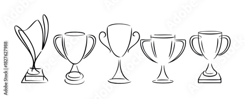 Collection of five diverse trophy outlines, celebrating achievement and success, perfect for awards, sports, or recognition themes in marketing and design projects.