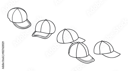 Collection of five baseball caps drawn in a simple outline style suitable for apparel branding or summer fashion projects