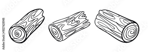 Collection of three rough textured wooden logs with visible grain and rings, perfect for rustic themes and natural resource projects.