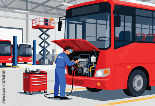 Illustration of a mechanic in overalls repairing a red bus in a repair shop with tools and other buses