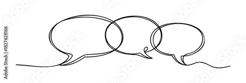 Three linked speech bubbles drawn with a single continuous line, representing conversation and communication, perfect for messaging apps or dialogue graphics.