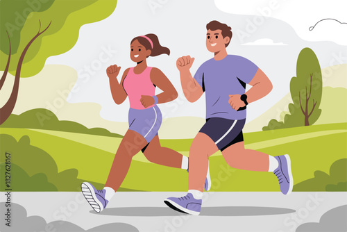 A man and woman in athletic wear run together through a park. Trees and clouds are in the background