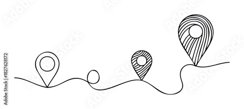 Simple black line art showing a wavy route connecting three destination markers, perfect for representing travel plans or progress in presentations and web graphics.