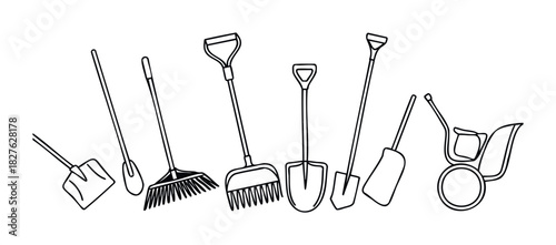 Collection of gardening tools including shovels, rakes, and a wheelbarrow presented as line drawings for creative projects and website assets.