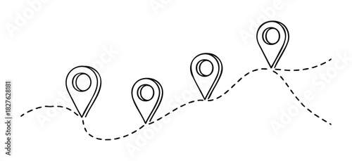 Journey plotted with map pin icons and a dashed route line, perfect for travel navigation and location marking concepts.