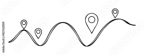Conceptual path with map pin markers showing journey progression across a wavy line indicating a route or progress for travel or business applications
