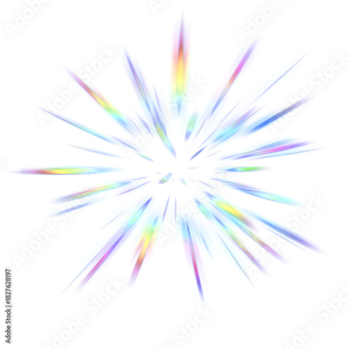 Iridescent light burst with sharp glowing streaks and soft rainbow reflections on a transparent background. Vibrant prism rays for overlays, highlights, magical effects, and creative graphic design.