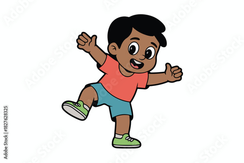 Cheerful cartoon boy, arms raised, one leg lifted, smiling brightly. Outlined in black on a white background