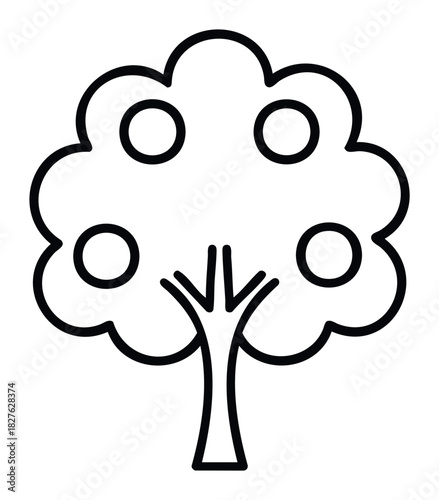 Simple outline drawing of a stylized tree with round fruit shapes, perfect for icons and naturethemed graphics conveying growth and abundance in various applications.
